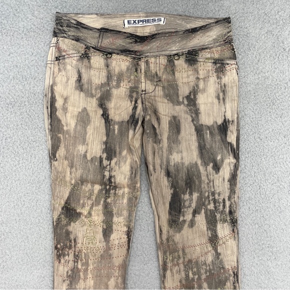 Y2K Express Low Rise Jeans Womens 4 Tan Gray Tie Dye Marble Splatter Zip - Picture 3 of 14